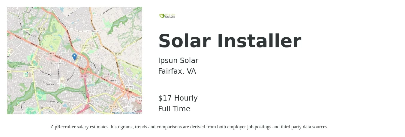 Ipsun Solar job posting for a Solar Installer in Fairfax, VA with a salary of $18 Hourly with a map of Fairfax location.