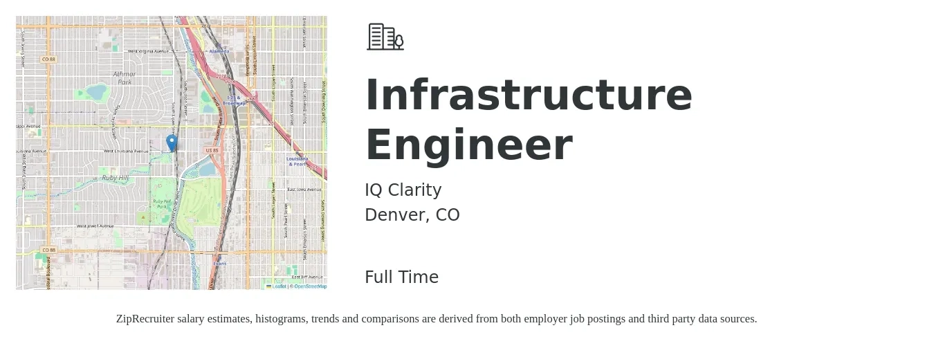 IQ Clarity job posting for a Infrastructure Engineer in Denver, CO with a salary of $110,800 to $145,400 Yearly with a map of Denver location.