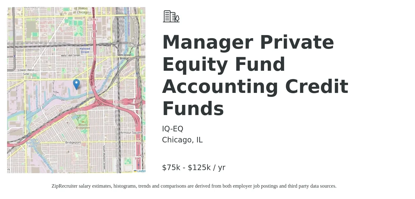 IQ-EQ job posting for a Manager Private Equity Fund Accounting Credit Funds in Chicago, IL with a salary of $75,000 to $125,000 Yearly with a map of Chicago location.