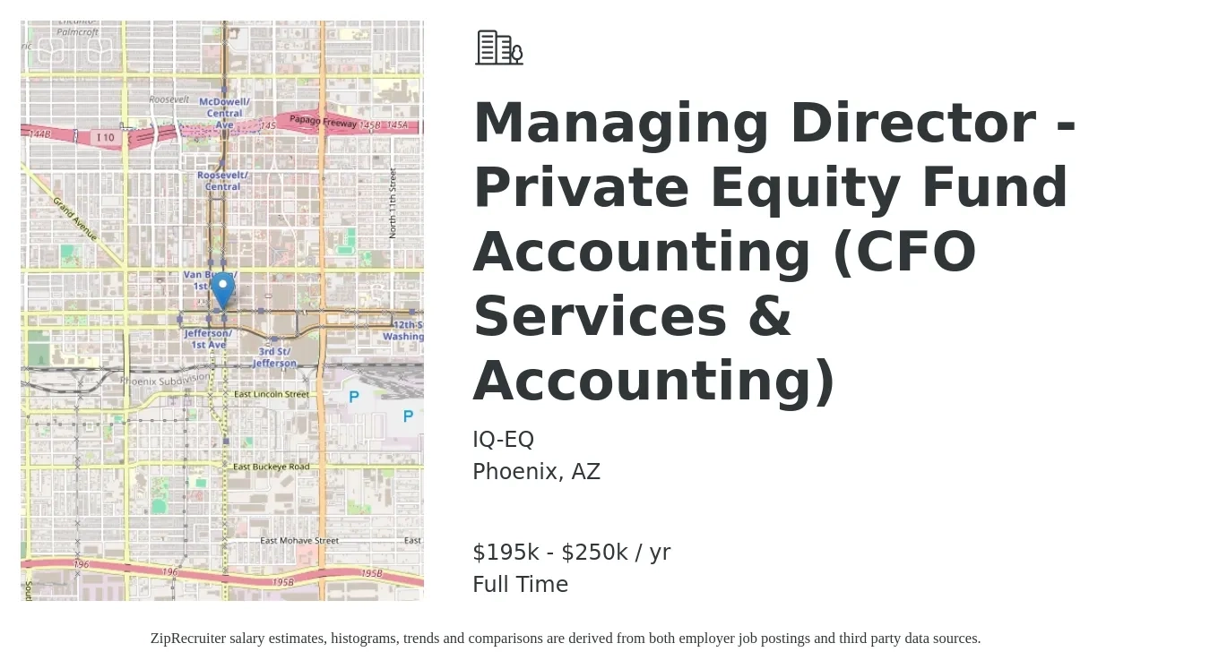 IQ-EQ job posting for a Managing Director - Private Equity Fund Accounting (CFO Services & Accounting) in Phoenix, AZ with a salary of $195,000 to $250,000 Yearly with a map of Phoenix location.