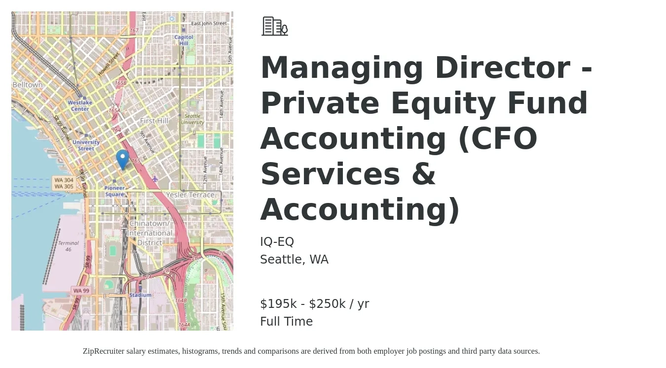 IQ-EQ job posting for a Managing Director - Private Equity Fund Accounting (CFO Services & Accounting) in Seattle, WA with a salary of $195,000 to $250,000 Yearly with a map of Seattle location.
