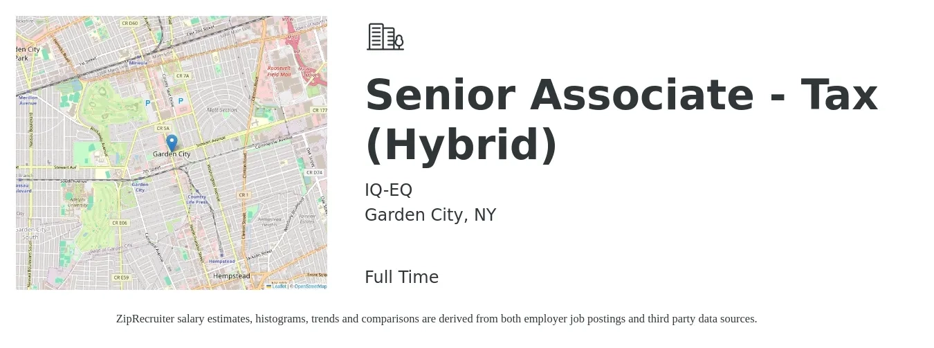 IQ-EQ job posting for a Senior Associate - Tax (Hybrid) in Garden City, NY with a salary of $90,000 to $105,000 Yearly with a map of Garden City location.