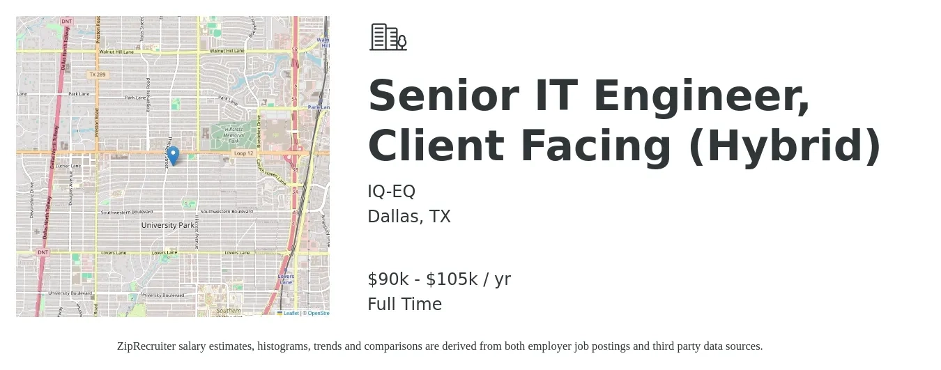 IQ-EQ job posting for a Senior IT Engineer, Client Facing (Hybrid) in Dallas, TX with a salary of $90,000 to $105,000 Yearly with a map of Dallas location.