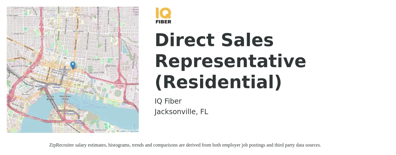 IQ Fiber job posting for a Direct Sales Representative (Residential) in Jacksonville, FL with a salary of $45,000 to $65,000 Yearly with a map of Jacksonville location.