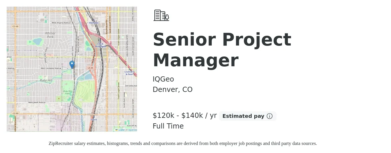 IQGeo job posting for a Senior Project Manager in Denver, CO with a salary of $120,000 to $140,000 Yearly with a map of Denver location.