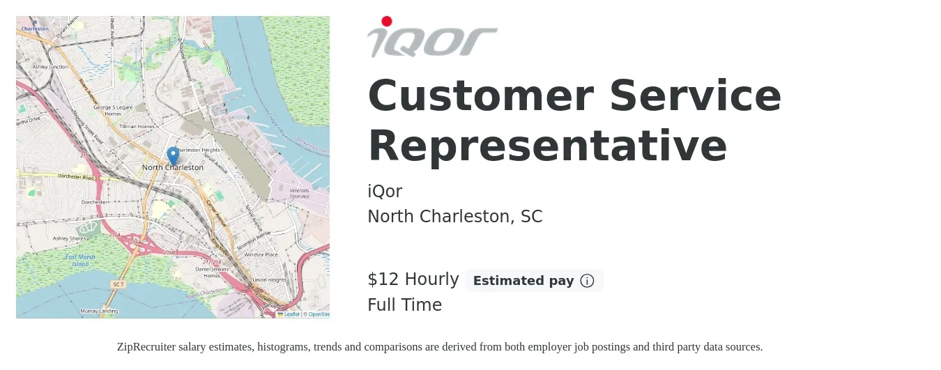 iQor job posting for a Customer Service Representative in North Charleston, SC with a salary of $13 Hourly with a map of North Charleston location.