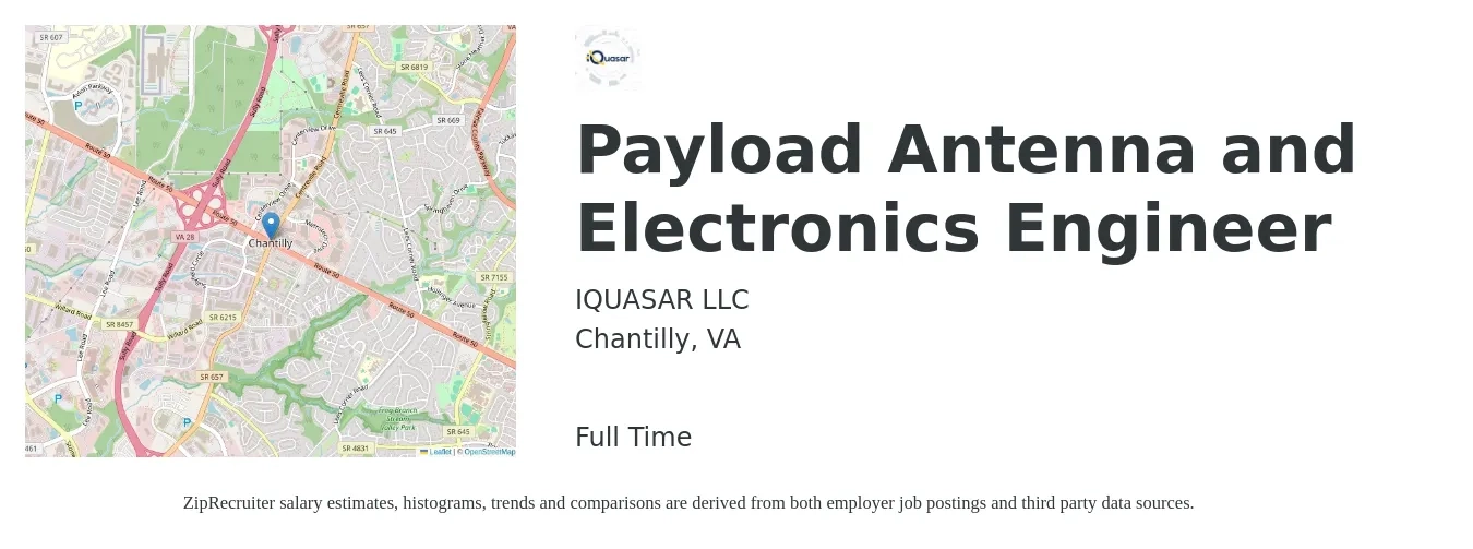 IQUASAR LLC job posting for a Payload Antenna and Electronics Engineer in Chantilly, VA with a salary of $61,500 to $113,200 Yearly with a map of Chantilly location.