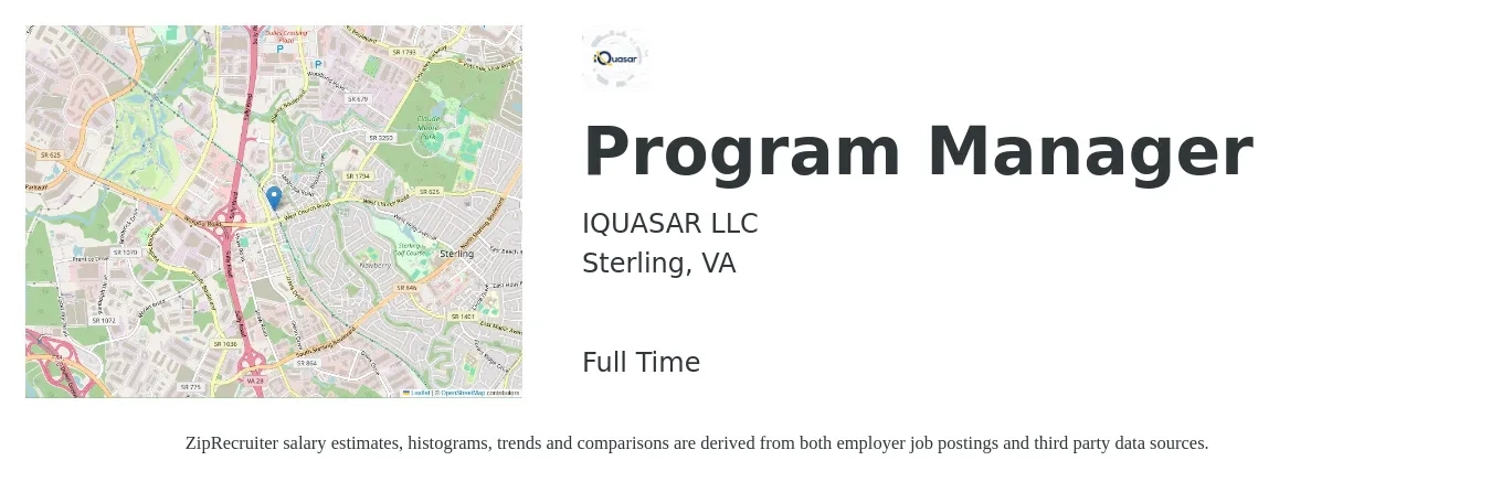 IQUASAR LLC job posting for a Program Manager in Sterling, VA with a salary of $80,300 to $133,800 Yearly with a map of Sterling location.