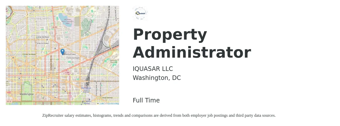 IQUASAR LLC job posting for a Property Administrator in Washington, DC with a salary of $22 to $30 Hourly with a map of Washington location.