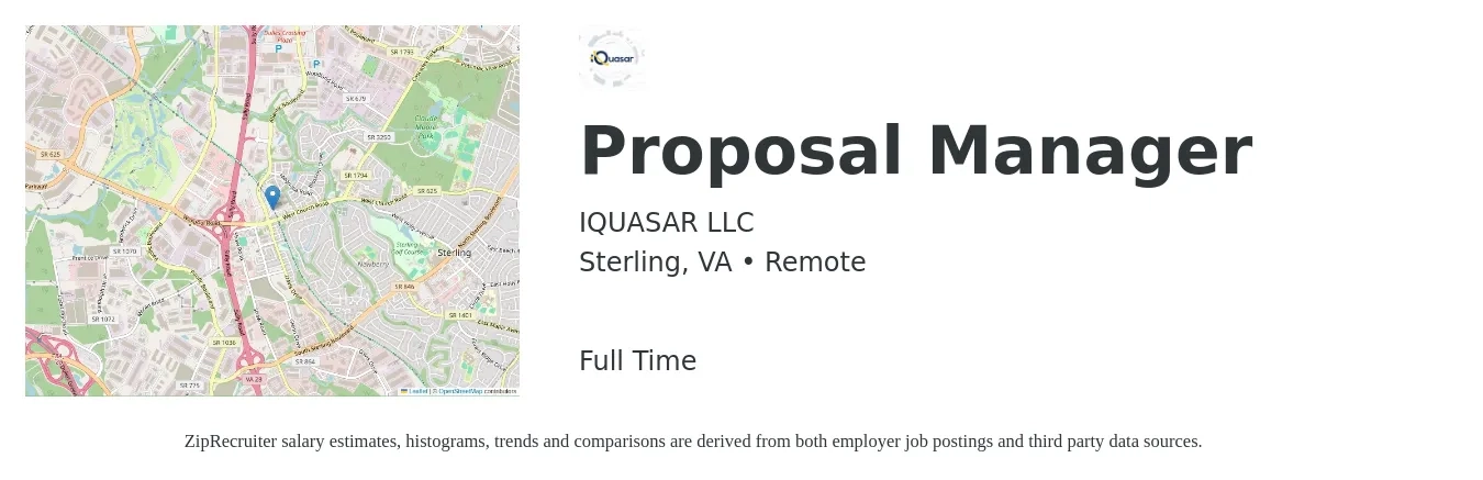 IQUASAR LLC job posting for a Proposal Manager in Sterling, VA with a salary of $81,300 to $119,100 Yearly with a map of Sterling location.