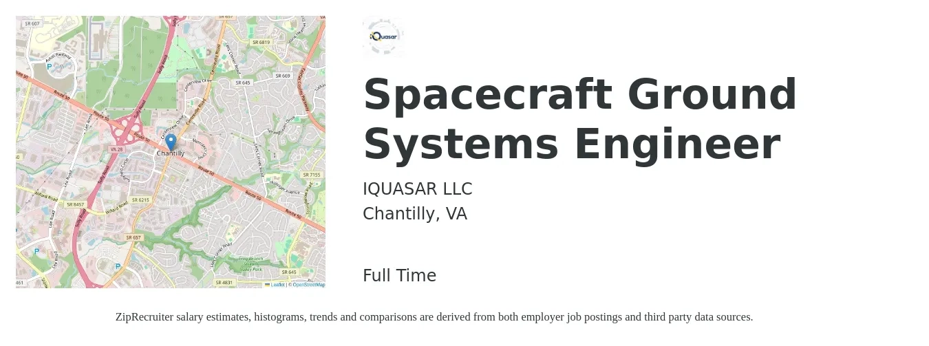 IQUASAR LLC job posting for a Spacecraft Ground Systems Engineer in Chantilly, VA with a salary of $102,300 to $156,100 Yearly with a map of Chantilly location.