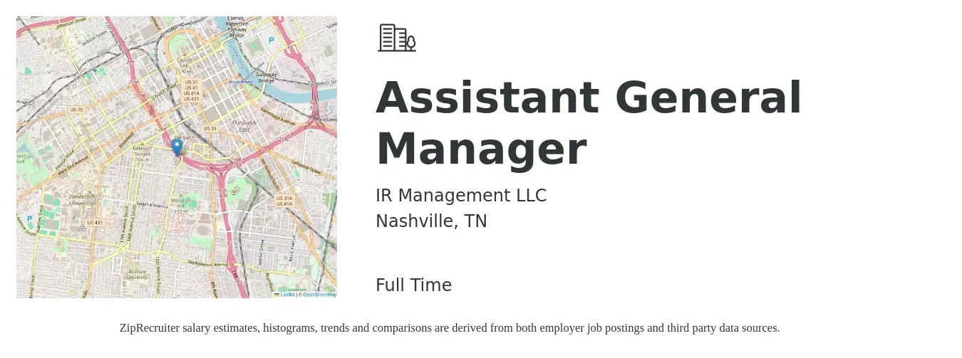 IR Management LLC job posting for a Assistant General Manager in Nashville, TN with a salary of $16 to $24 Hourly with a map of Nashville location.