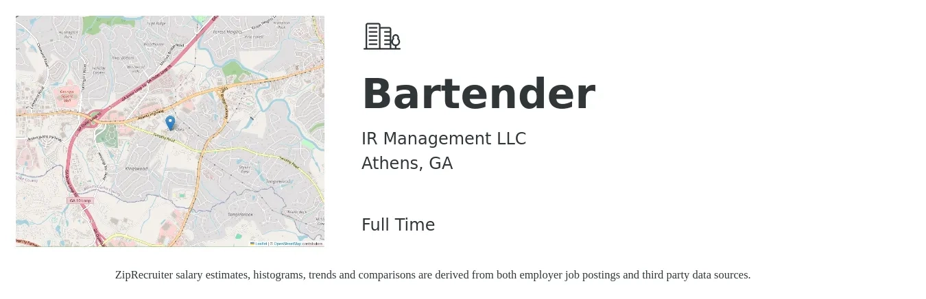IR Management LLC job posting for a Bartender in Athens, GA with a salary of $8 to $16 Hourly with a map of Athens location.