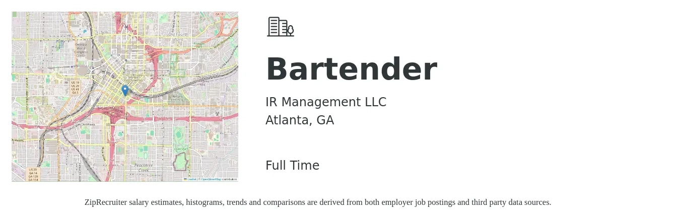 IR Management LLC job posting for a Bartender in Atlanta, GA with a salary of $9 to $17 Hourly with a map of Atlanta location.
