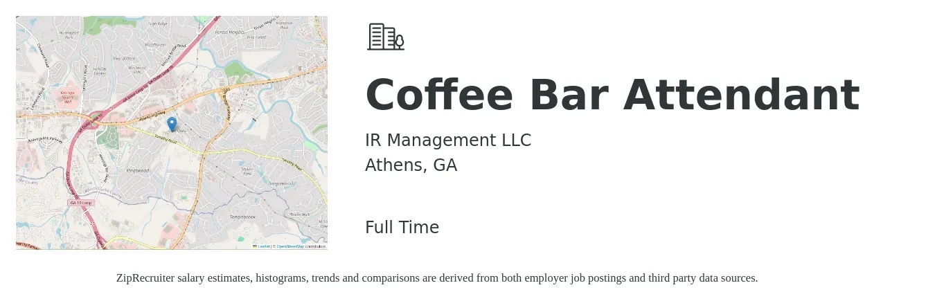 IR Management LLC job posting for a Coffee Bar Attendant in Athens, GA with a salary of $12 to $15 Hourly with a map of Athens location.