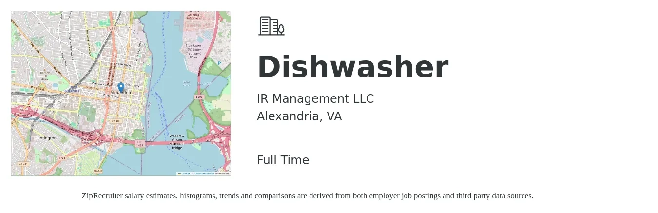 IR Management LLC job posting for a Dishwasher in Alexandria, VA with a salary of $14 to $18 Hourly with a map of Alexandria location.