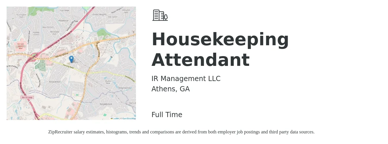 IR Management LLC job posting for a Housekeeping Attendant in Athens, GA with a salary of $12 to $15 Hourly with a map of Athens location.