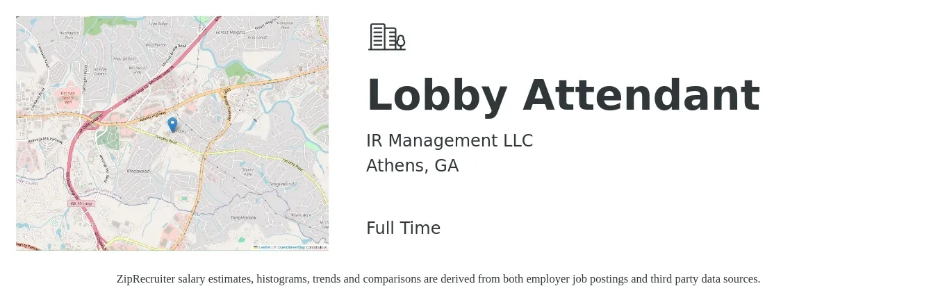 IR Management LLC job posting for a Lobby Attendant in Athens, GA with a salary of $12 to $15 Hourly with a map of Athens location.
