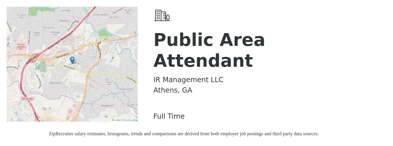 IR Management LLC job posting for a Public Area Attendant in Athens, GA with a salary of $12 to $15 Hourly with a map of Athens location.