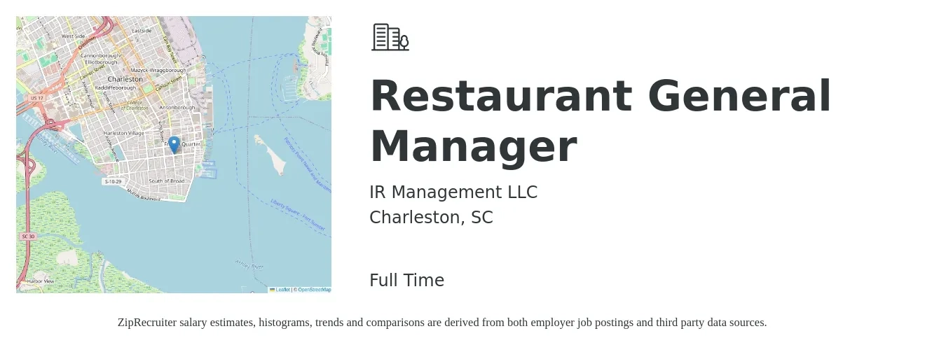IR Management LLC job posting for a Restaurant General Manager in Charleston, SC with a salary of $51,300 to $70,700 Yearly with a map of Charleston location.