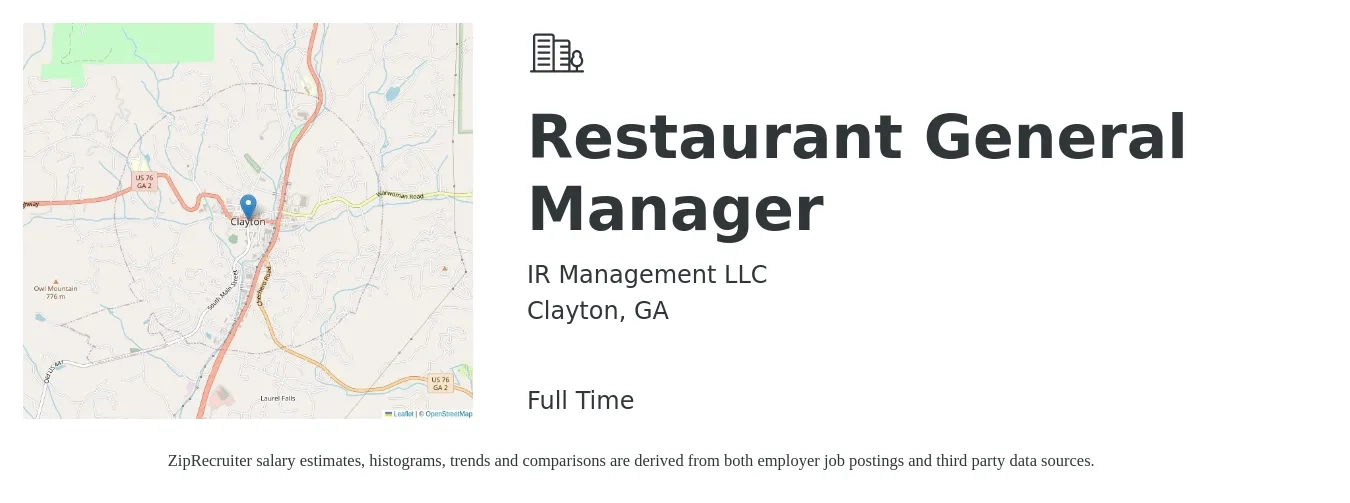IR Management LLC job posting for a Restaurant General Manager in Clayton, GA with a salary of $48,000 to $66,300 Yearly with a map of Clayton location.