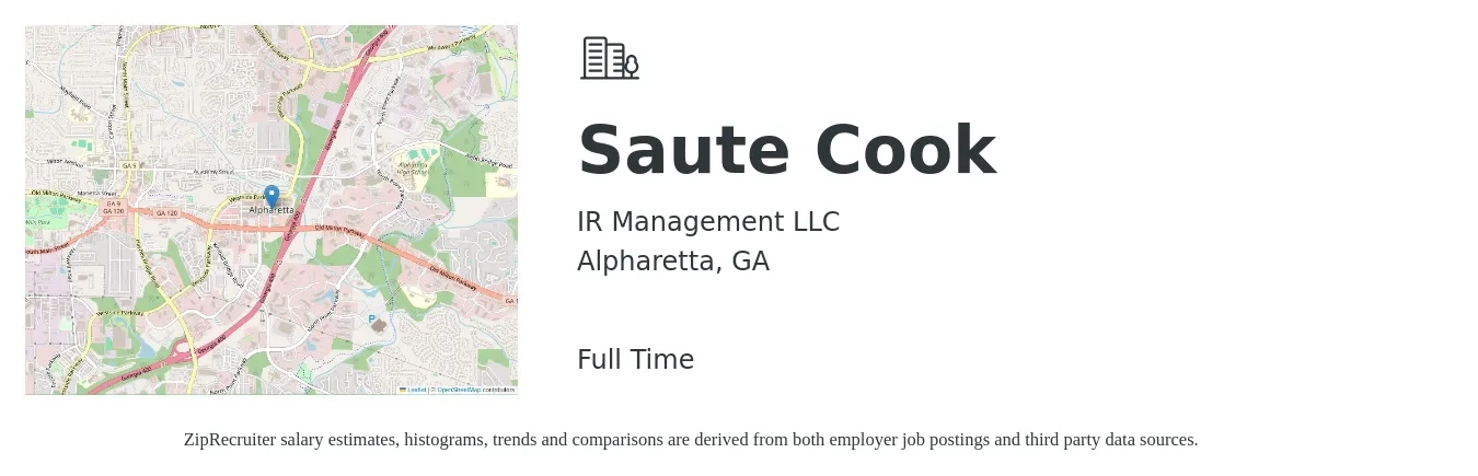IR Management LLC job posting for a Saute Cook in Alpharetta, GA with a salary of $16 to $19 Hourly with a map of Alpharetta location.