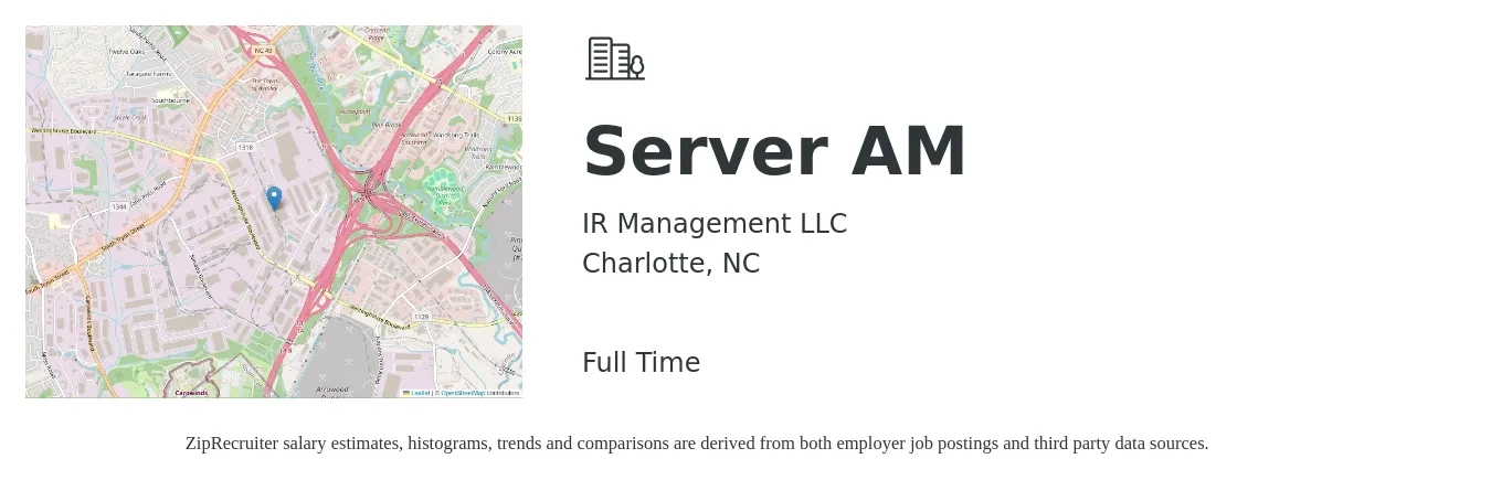 IR Management LLC job posting for a Server AM in Charlotte, NC with a salary of $10 to $17 Hourly with a map of Charlotte location.