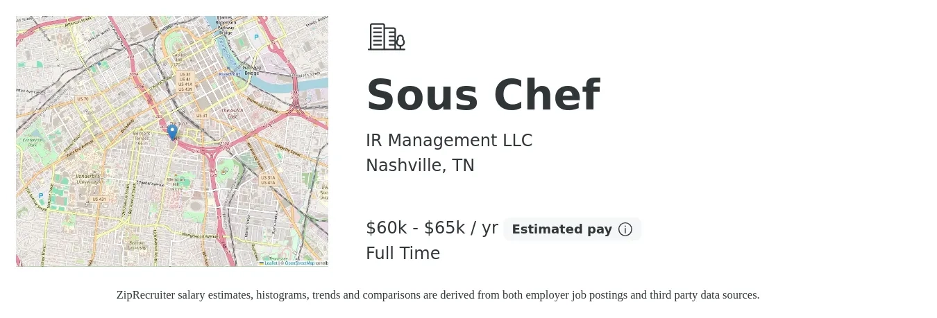 IR Management LLC job posting for a Sous Chef in Nashville, TN with a salary of $48,300 to $65,200 Yearly with a map of Nashville location.