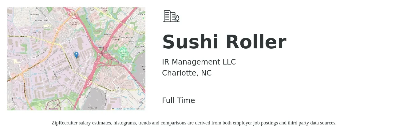 IR Management LLC job posting for a Sushi Roller in Charlotte, NC with a salary of $17 to $27 Hourly with a map of Charlotte location.