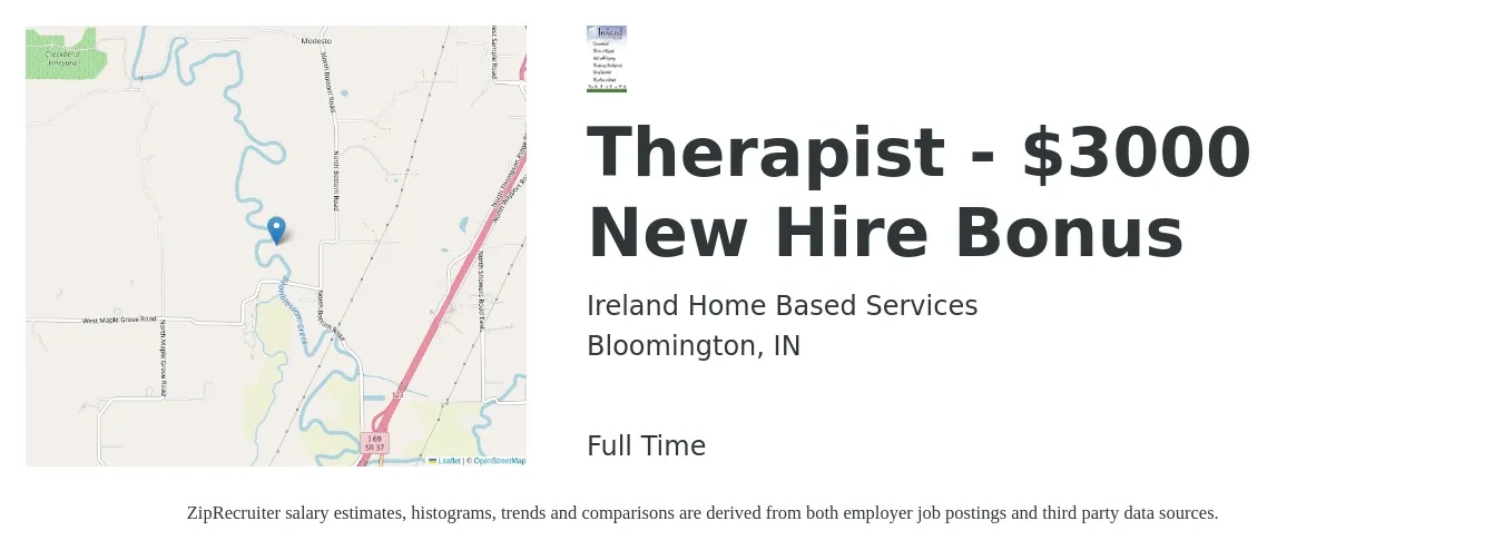 Ireland Home Based Services job posting for a Therapist - $3000 New Hire Bonus in Bloomington, IN with a salary of $71,000 Yearly with a map of Bloomington location.