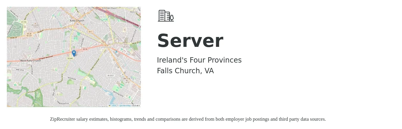 Ireland's Four Provinces job posting for a Server in Falls Church, VA with a salary of $12 to $19 Hourly with a map of Falls Church location.