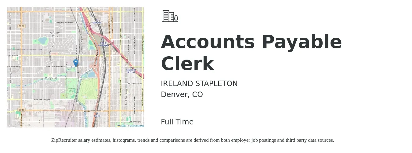 IRELAND STAPLETON job posting for a Accounts Payable Clerk in Denver, CO with a salary of $29 to $33 Hourly with a map of Denver location.