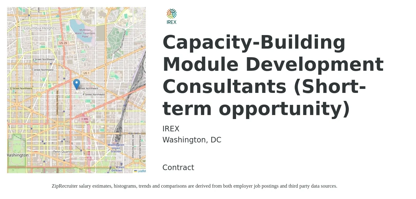 IREX job posting for a Capacity-Building Module Development Consultants (Short-term opportunity) in Washington, DC with a salary of $52,500 to $73,900 Yearly with a map of Washington location.