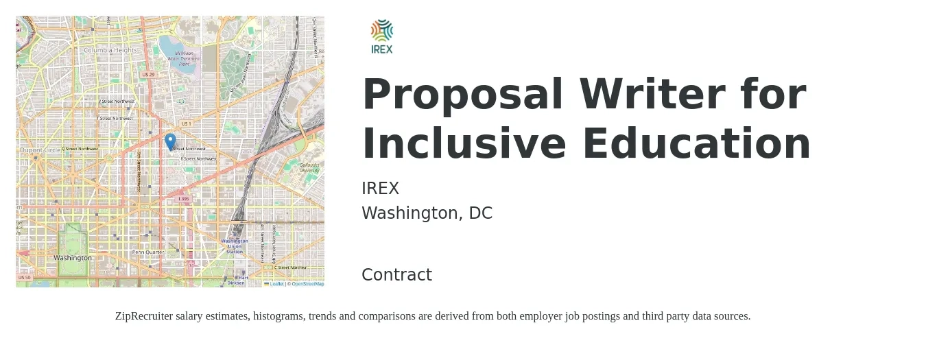 IREX job posting for a Proposal Writer for Inclusive Education in Washington, DC with a salary of $71,600 to $102,100 Yearly with a map of Washington location.