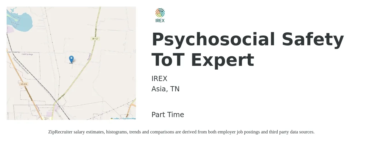 IREX job posting for a Psychosocial Safety ToT Expert in Asia, TN with a salary of $14 to $20 Hourly with a map of Asia location.