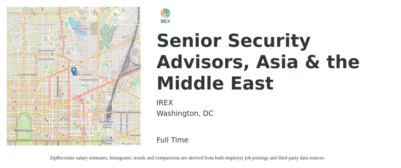 IREX job posting for a Senior Security Advisors, Asia & the Middle East in Washington, DC with a salary of $116,800 to $164,700 Yearly with a map of Washington location.
