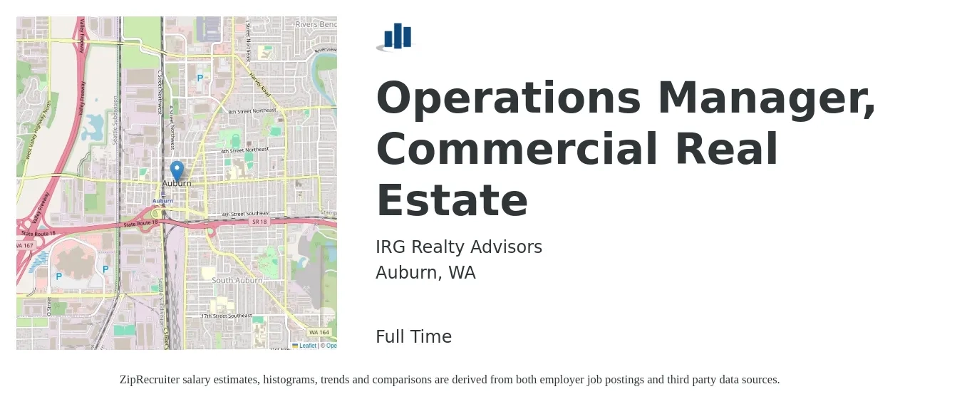 IRG Realty Advisors job posting for a Operations Manager, Commercial Real Estate in Auburn, WA with a salary of $53,000 to $80,800 Yearly with a map of Auburn location.