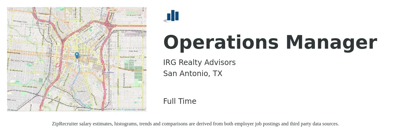 IRG Realty Advisors job posting for a Operations Manager in San Antonio, TX with a salary of $37,000 to $69,900 Yearly with a map of San Antonio location.