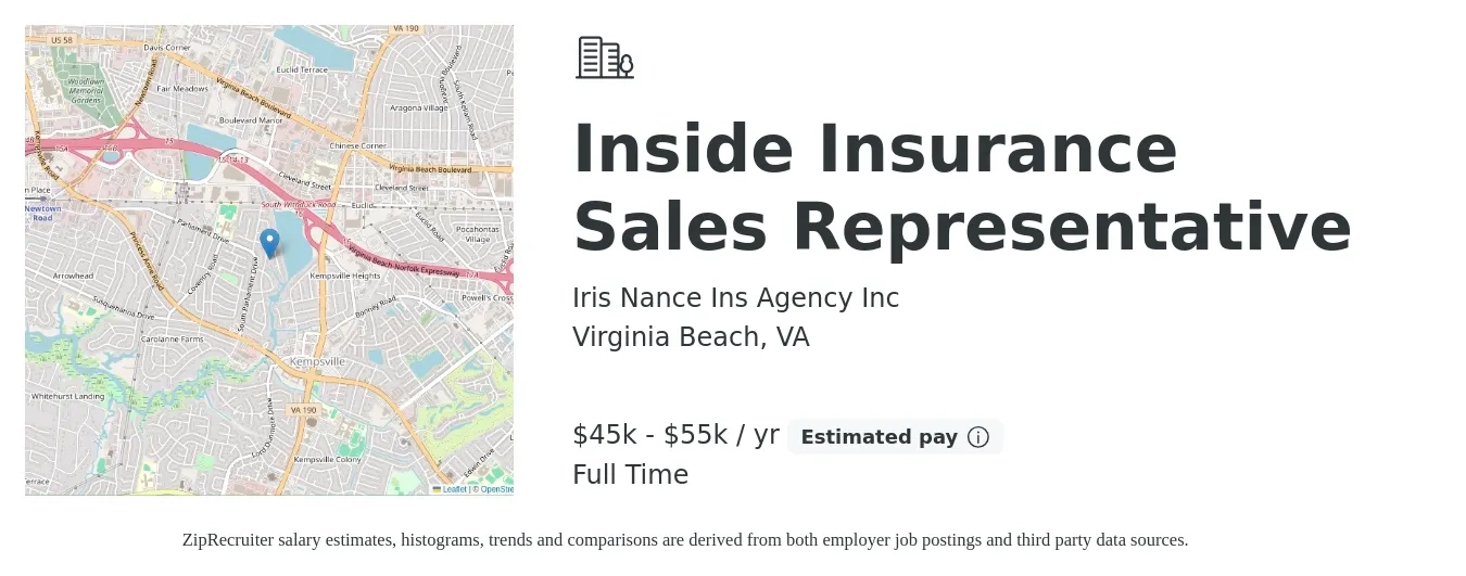 Iris Nance Ins Agency Inc job posting for a Inside Insurance Sales Representative in Virginia Beach, VA with a salary of $45,000 to $55,000 Yearly with a map of Virginia Beach location.
