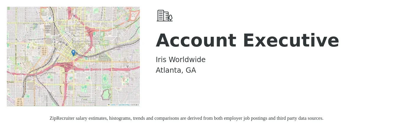 Iris Worldwide job posting for a Account Executive in Atlanta, GA with a salary of $52,500 to $92,400 Yearly with a map of Atlanta location.