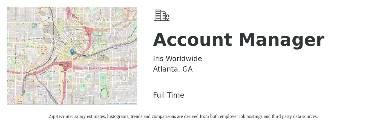 Iris Worldwide job posting for a Account Manager in Atlanta, GA with a salary of $46,700 to $76,300 Yearly with a map of Atlanta location.