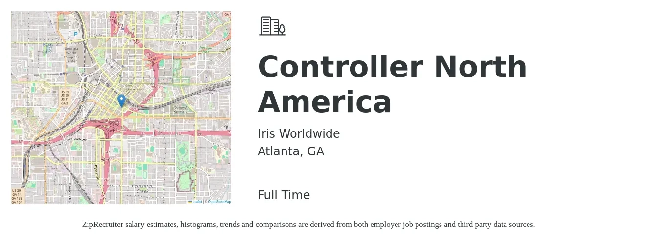 Iris Worldwide job posting for a Controller North America in Atlanta, GA with a salary of $94,300 to $134,700 Yearly with a map of Atlanta location.