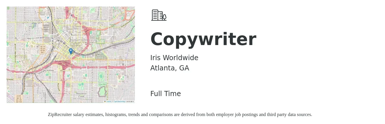 Iris Worldwide job posting for a Copywriter in Atlanta, GA with a salary of $28 to $42 Hourly with a map of Atlanta location.