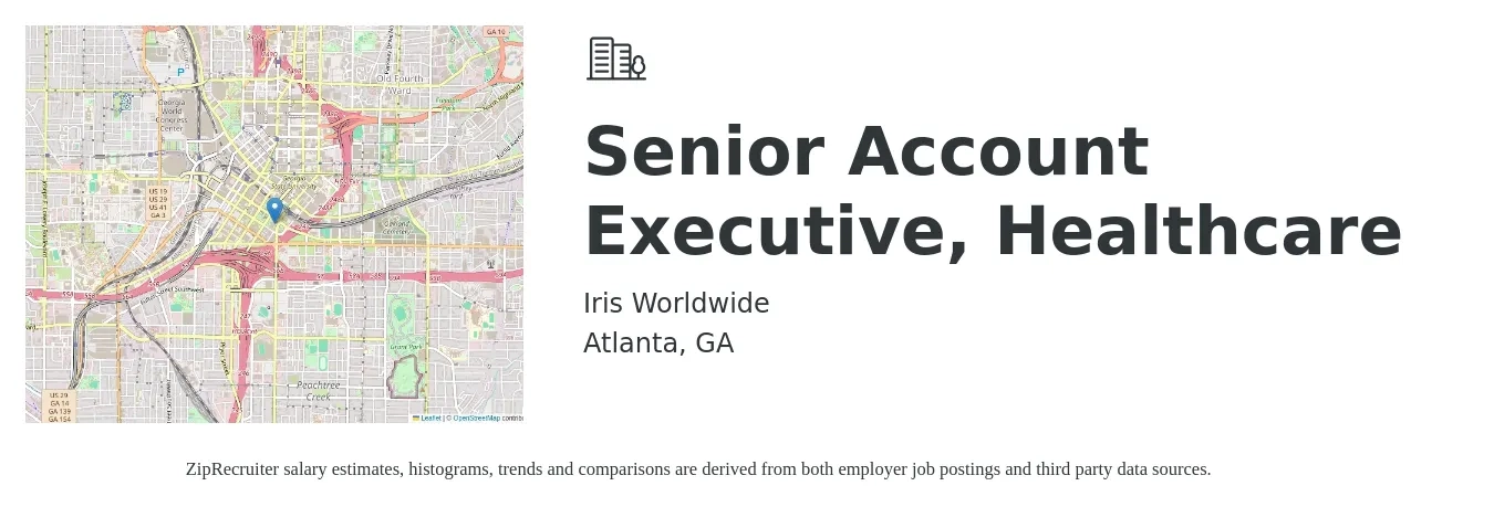 Iris Worldwide job posting for a Senior Account Executive, Healthcare in Atlanta, GA with a salary of $74,900 to $114,800 Yearly with a map of Atlanta location.