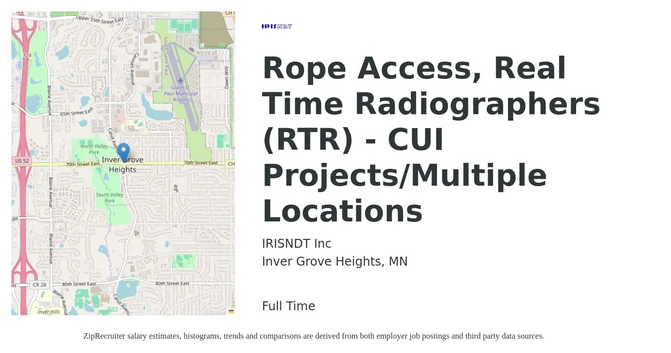 IRISNDT Inc job posting for a Rope Access, Real Time Radiographers (RTR) - CUI Projects/Multiple Locations in Inver Grove Heights, MN with a salary of $34 to $62 Hourly with a map of Inver Grove Heights location.
