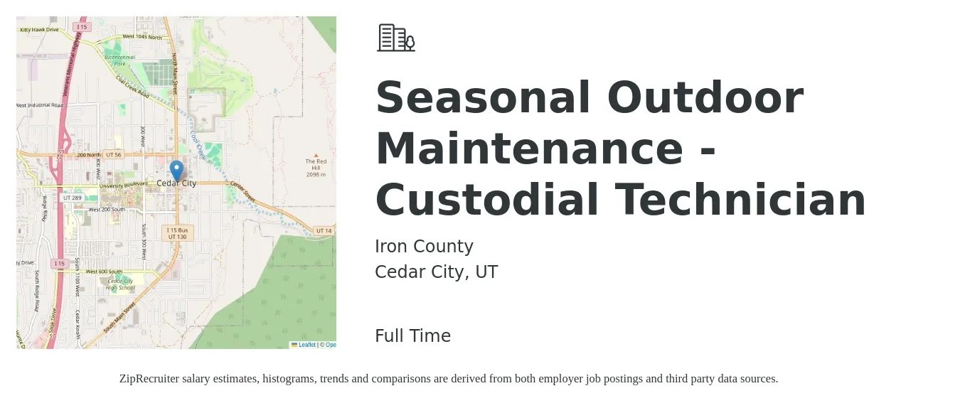 Iron County job posting for a Seasonal Outdoor Maintenance - Custodial Technician in Cedar City, UT with a salary of $14 to $17 Hourly with a map of Cedar City location.