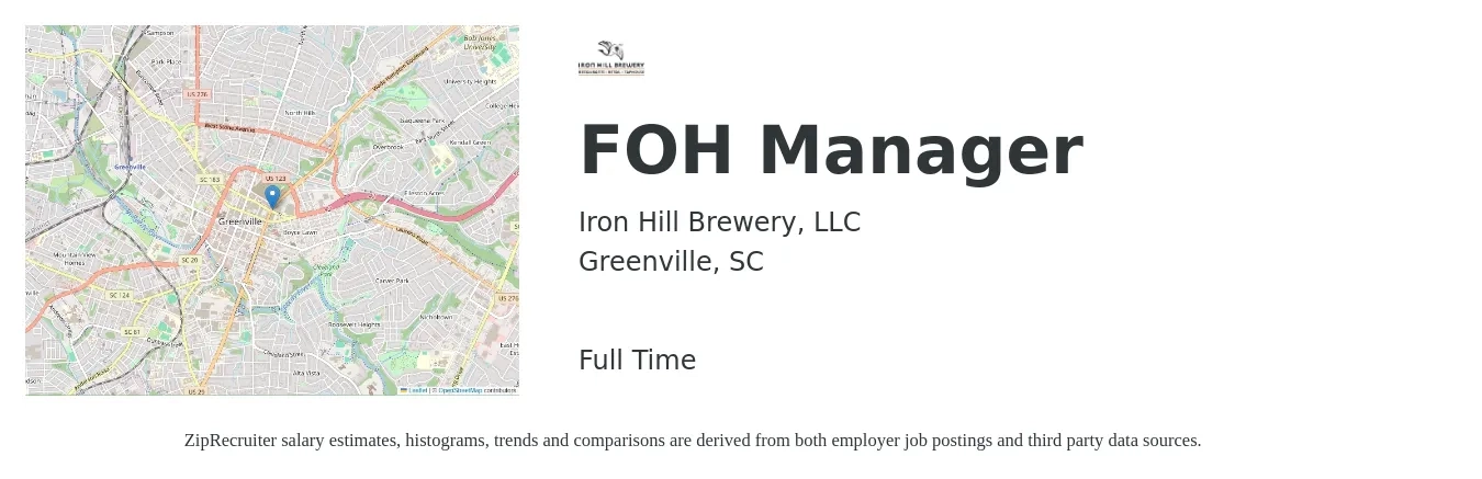 Iron Hill Brewery, LLC job posting for a FOH Manager in Greenville, SC with a salary of $50,000 to $59,000 Yearly with a map of Greenville location.