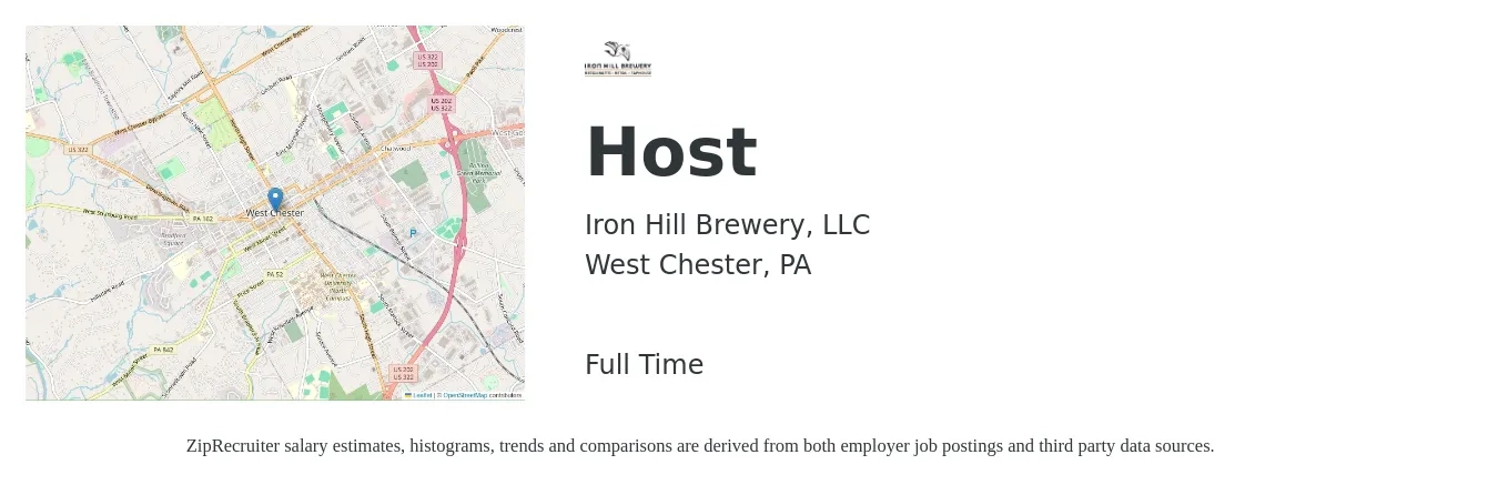 Iron Hill Brewery, LLC job posting for a Host in West Chester, PA with a salary of $11 to $16 Hourly with a map of West Chester location.
