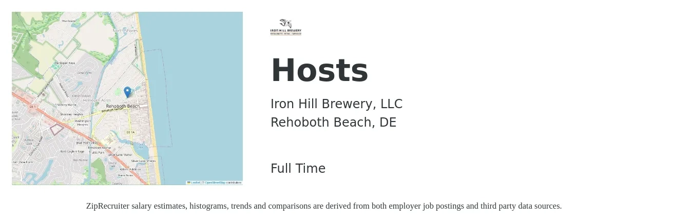 Iron Hill Brewery, LLC job posting for a Hosts in Rehoboth Beach, DE with a salary of $12 to $16 Hourly with a map of Rehoboth Beach location.