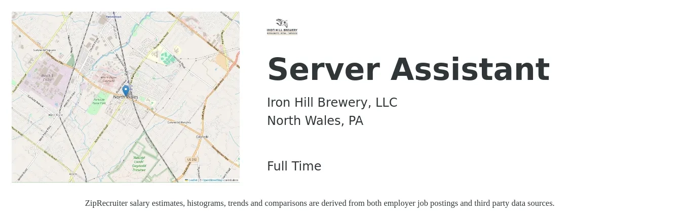 Iron Hill Brewery, LLC job posting for a Server Assistant in North Wales, PA with a salary of $10 to $15 Hourly with a map of North Wales location.